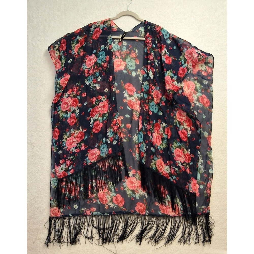 Torrid Sleeveless Boho Kimono Duster 1-SIZE Navy Floral Open Side Tassel Fringe